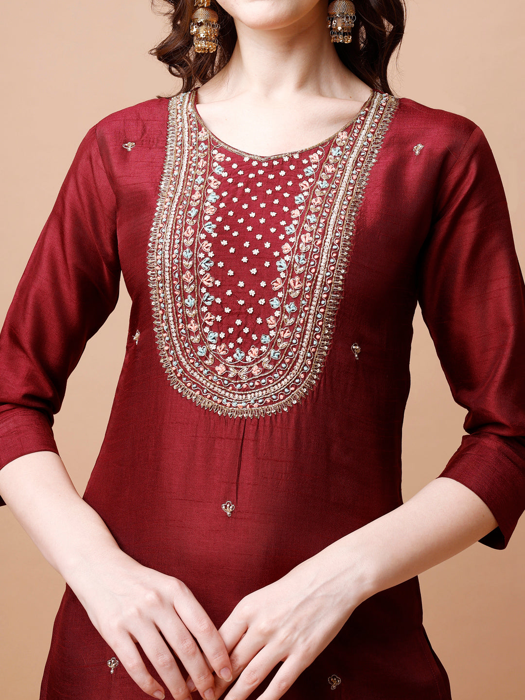 Hand Embroidered Kurta With Pant & Organza Dupatta, Multicolor - Hiral Fashion