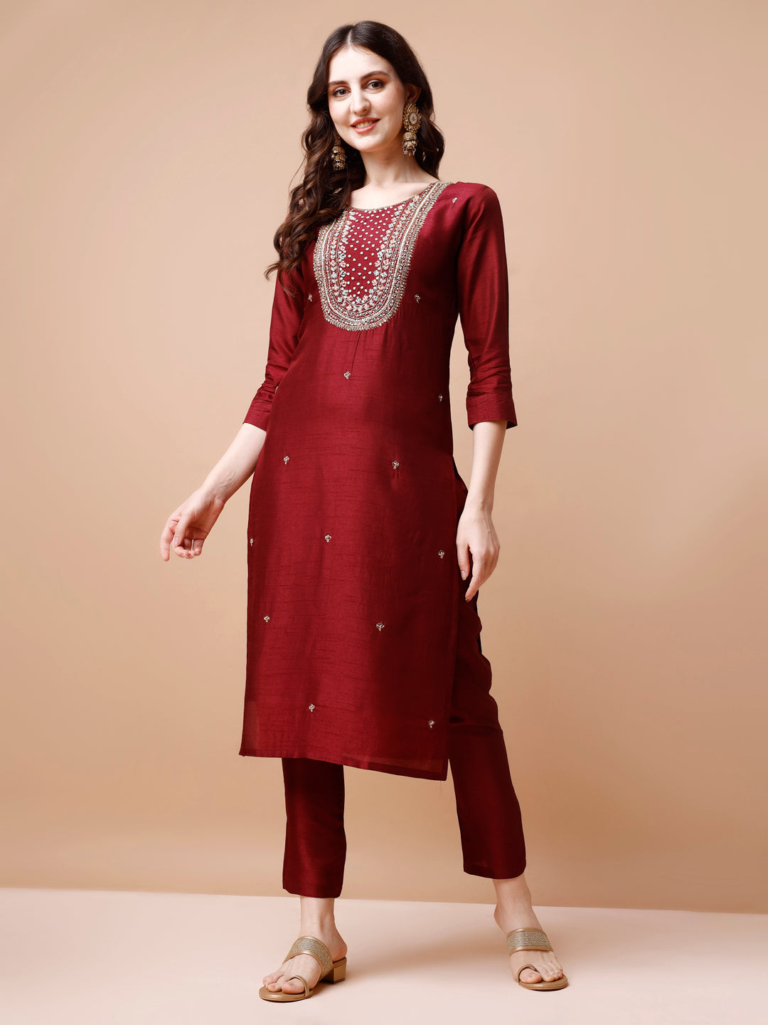 Hand Embroidered Kurta With Pant & Organza Dupatta, Multicolor - Hiral Fashion