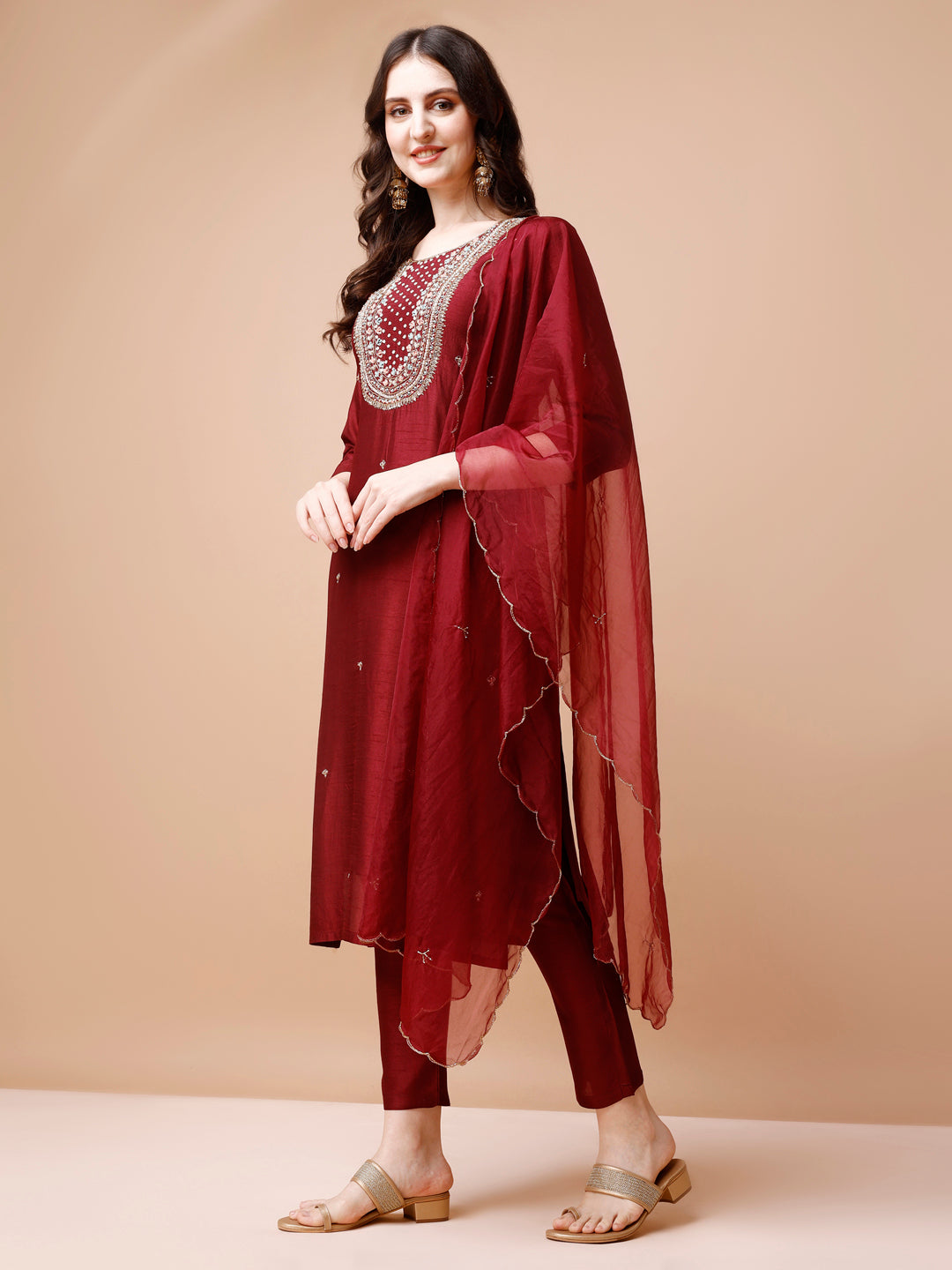 Hand Embroidered Kurta With Pant & Organza Dupatta, Multicolor - Hiral Fashion