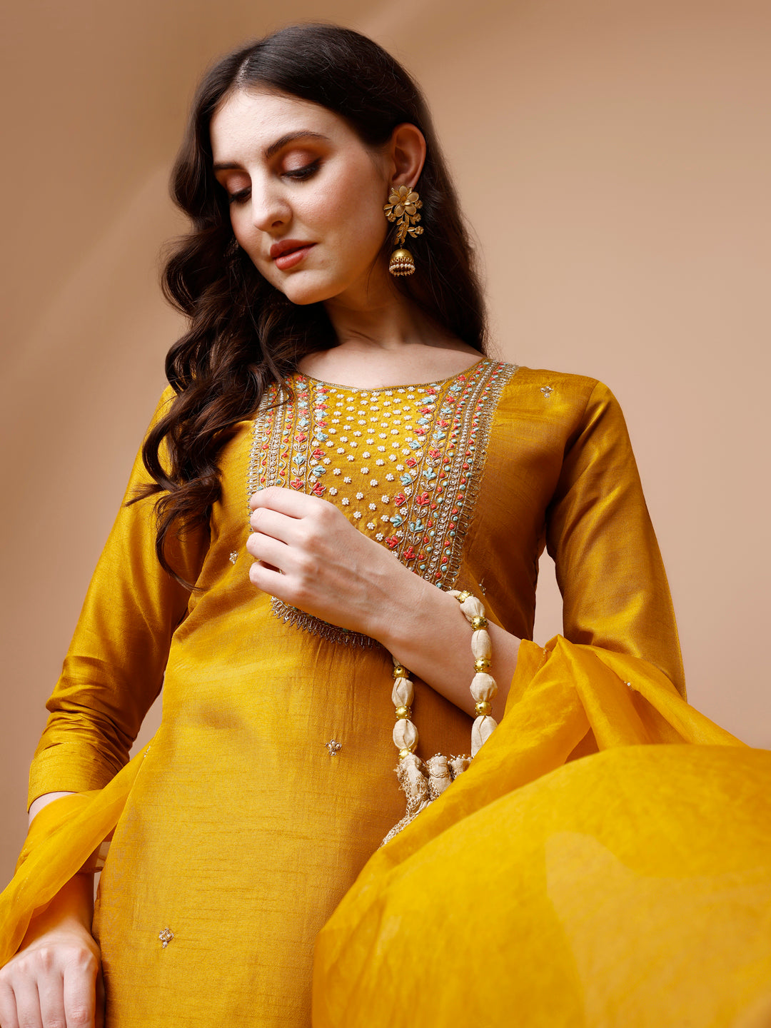 Hand Embroidered Kurta With Pant & Organza Dupatta, Multicolor - Hiral Fashion