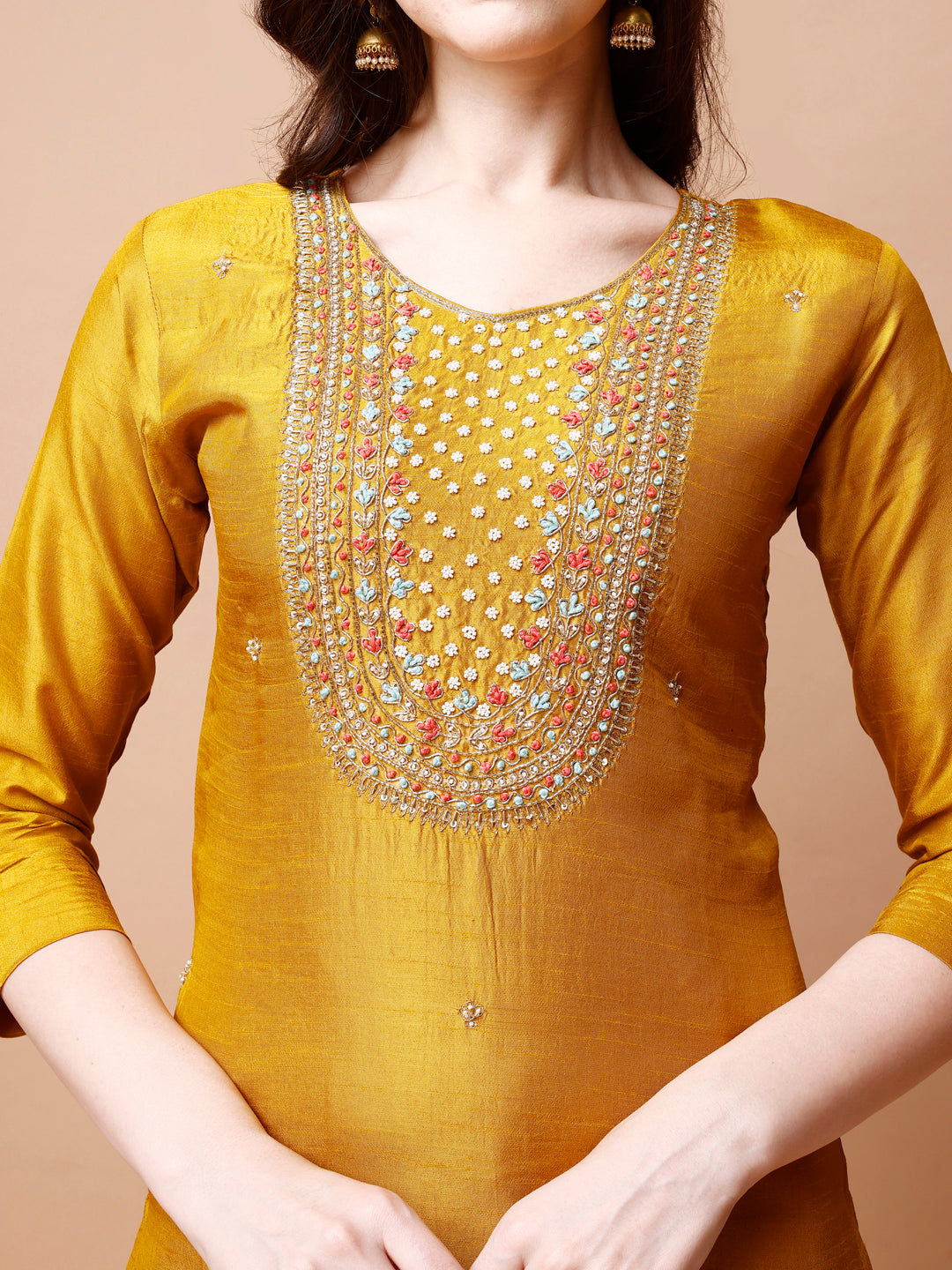 Hand Embroidered Kurta With Pant & Organza Dupatta, Multicolor - Hiral Fashion