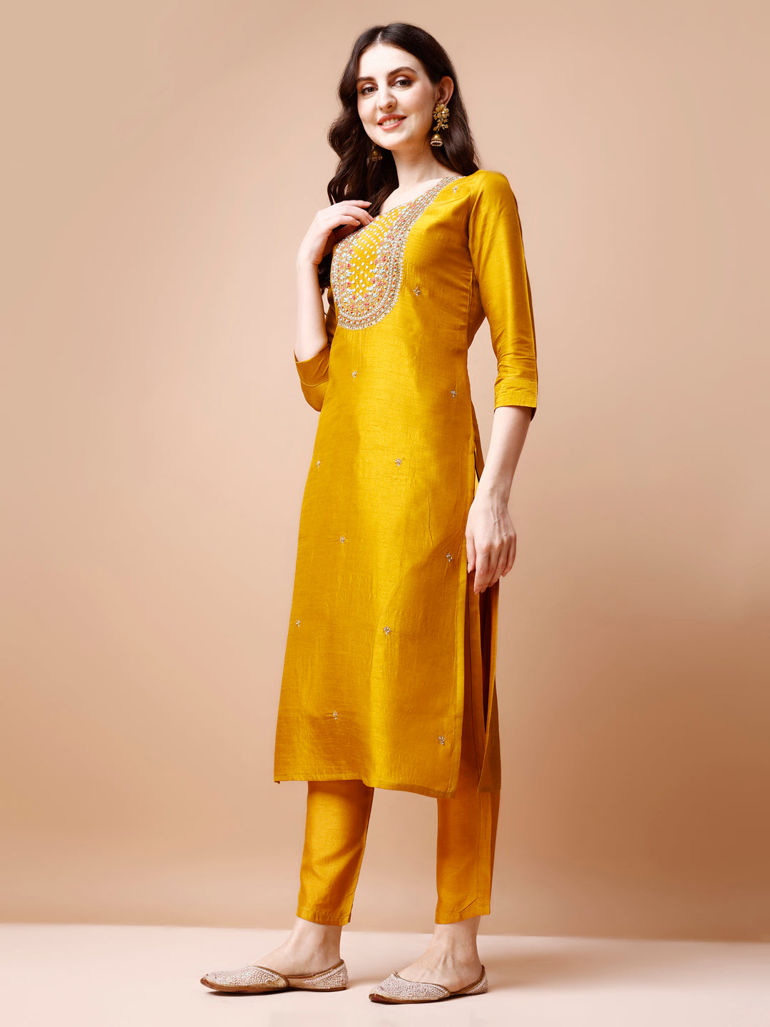 Hand Embroidered Kurta With Pant & Organza Dupatta, Multicolor - Hiral Fashion