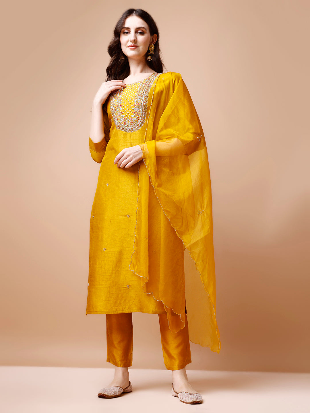 Hand Embroidered Kurta With Pant & Organza Dupatta, Multicolor - Hiral Fashion