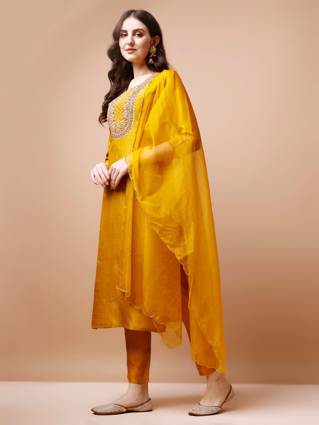 Hand Embroidered Kurta With Pant & Organza Dupatta, Multicolor - Hiral Fashion