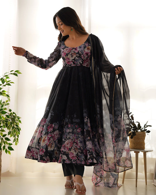 Lorenvalley Fashion Women Pure Soft Organza Silk Floral Print Fully Flair Anarkali With Pent Dupatta Set - Black 