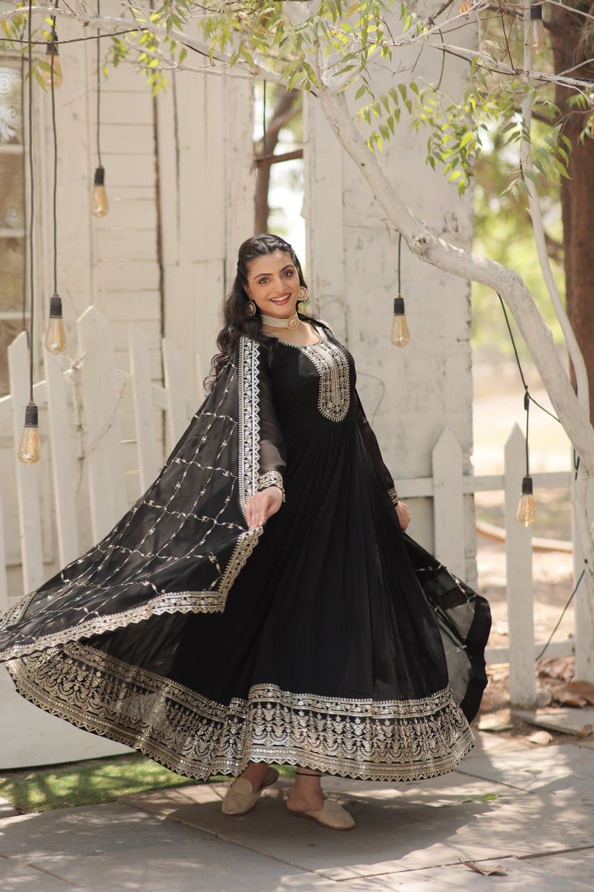Evanik Black Faux Blooming Gown with Dupatta With Attractive Embroidered Sequins work