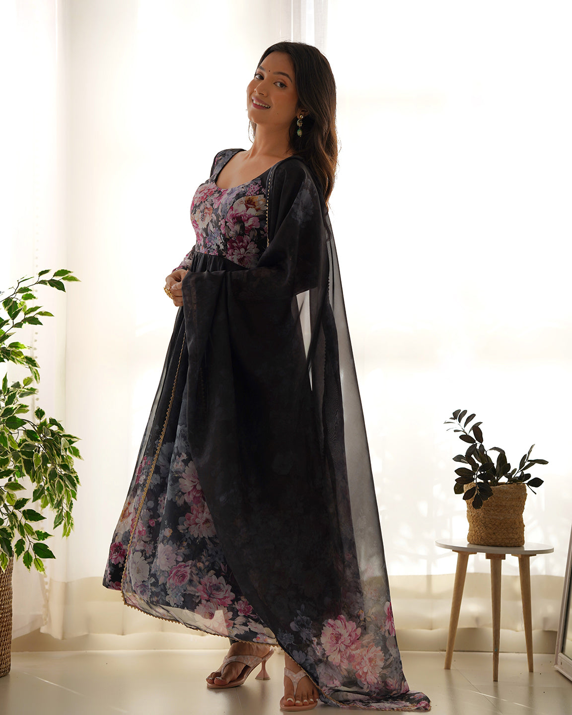 Lorenvalley Fashion Women Pure Soft Organza Silk Floral Print Fully Flair Anarkali With Pent Dupatta Set - Black 