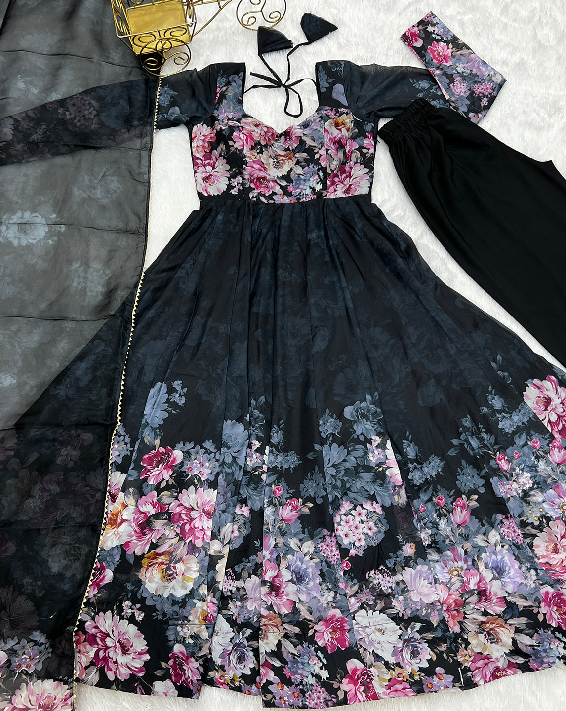 Lorenvalley Fashion Women Pure Soft Organza Silk Floral Print Fully Flair Anarkali With Pent Dupatta Set - Black 