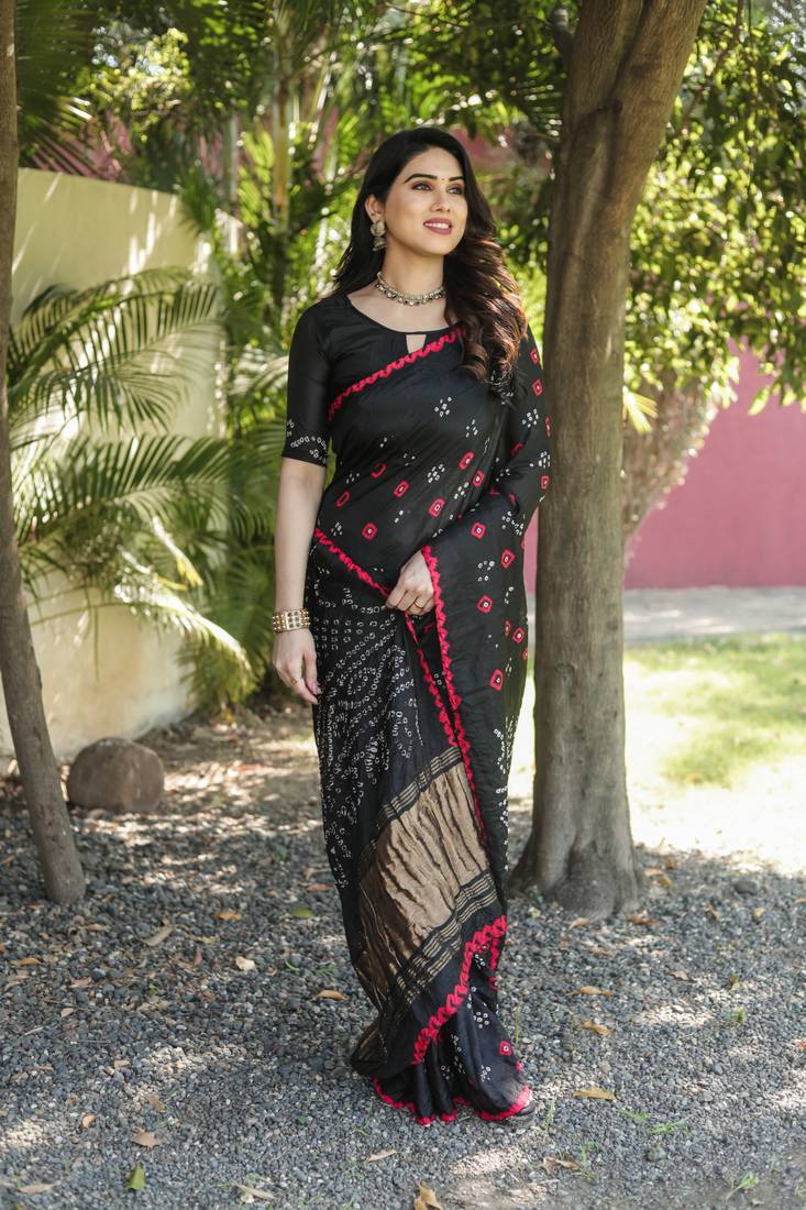 Anaita Black Woven Design Pure Bandhej Silk Saree With Blouse