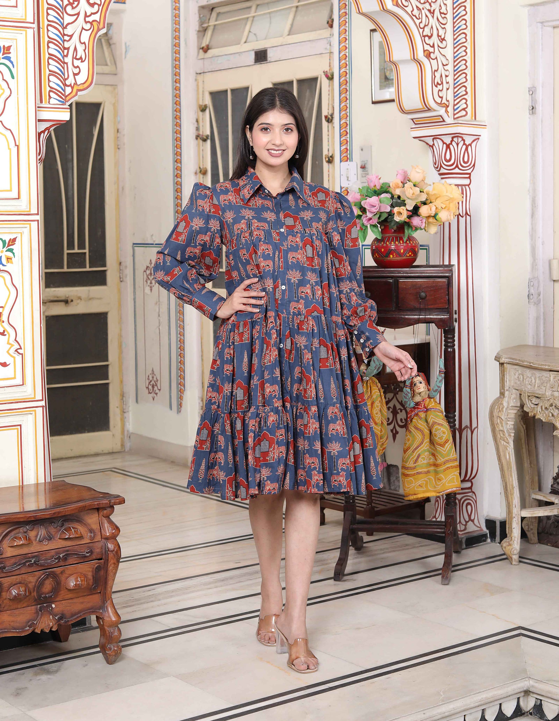 Miravan Women's Blue And Red Animal Print Pure Cotton Loose Fit Tiered A-Line Dress