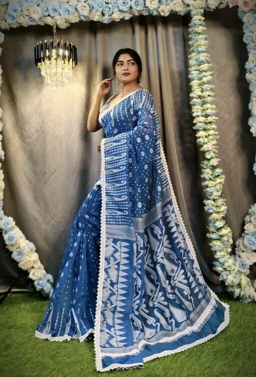 Exclusive Collection Beautiful Peacock Blue Jaal Jamdani Grab2Buy 