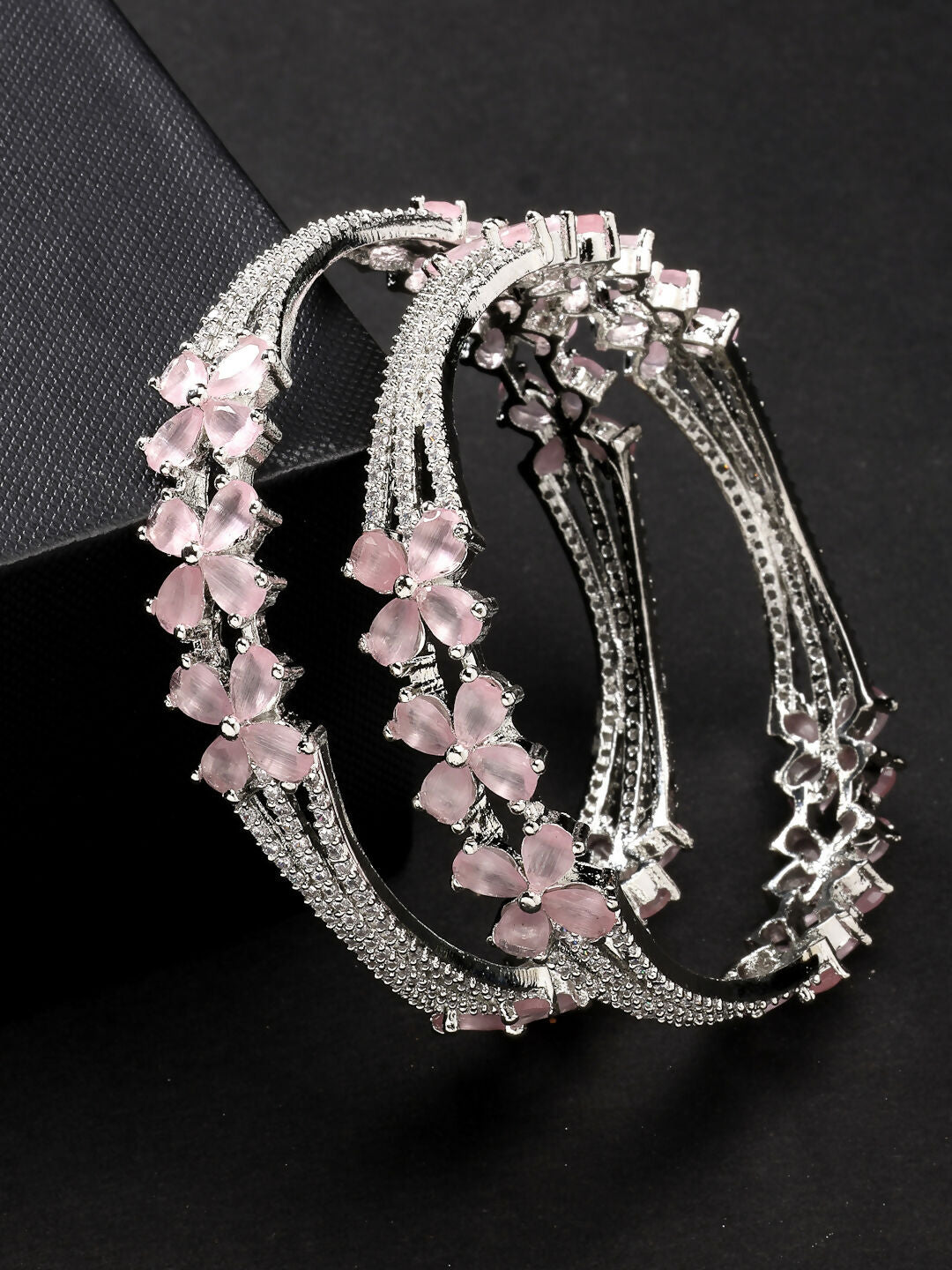 NVR Women's Set of 2 Silver-Plated American Diamond Handcrafted Bangles | Grab2Buy