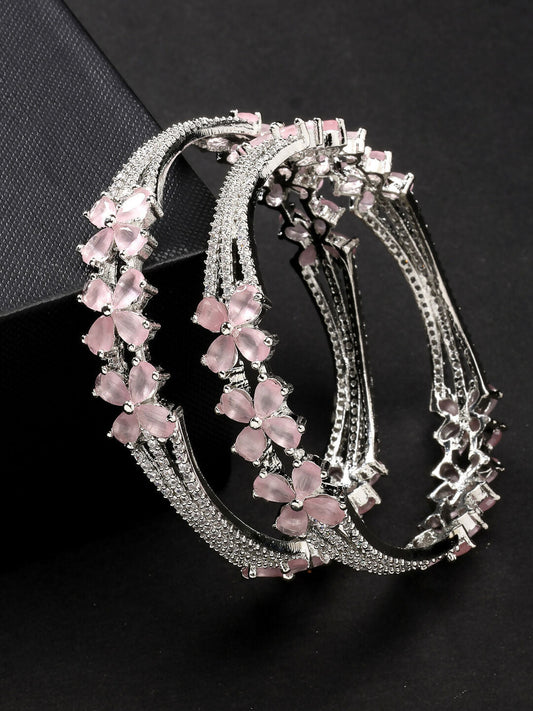 NVR Women's Set of 2 Silver-Plated American Diamond Handcrafted Bangles 