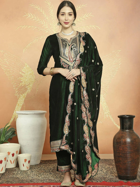 Aastha Fashion Women's Green Velvet Cording with Resham Thread & Sequin Kurta with Trouser & Dupatta - Grab2buy