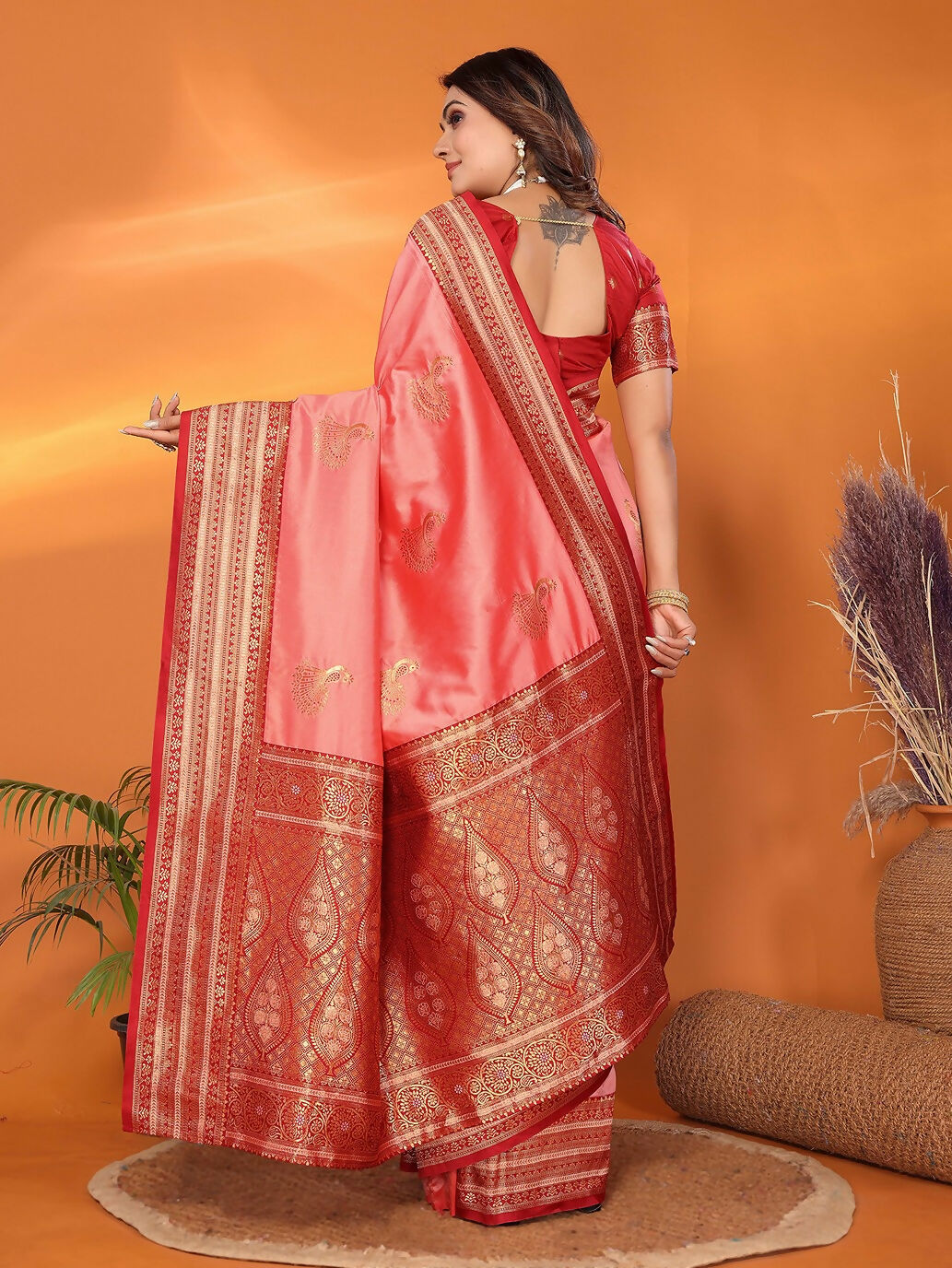 Joban Fashion Banarasi Peach Small Butti Soft Silk Saree | Swadesiicart