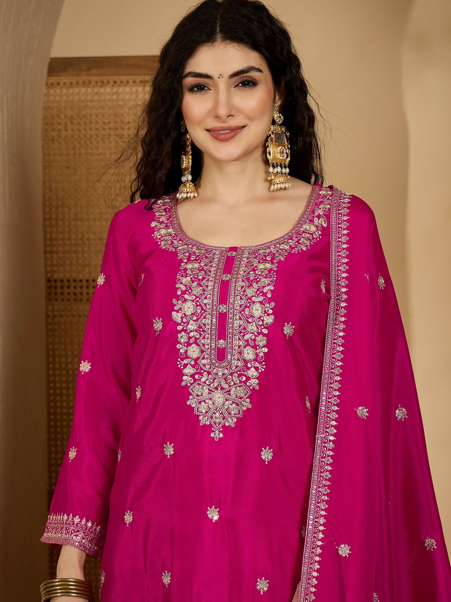 Joban Fashion Embroidery Pink Chinon Silk Kurta Set