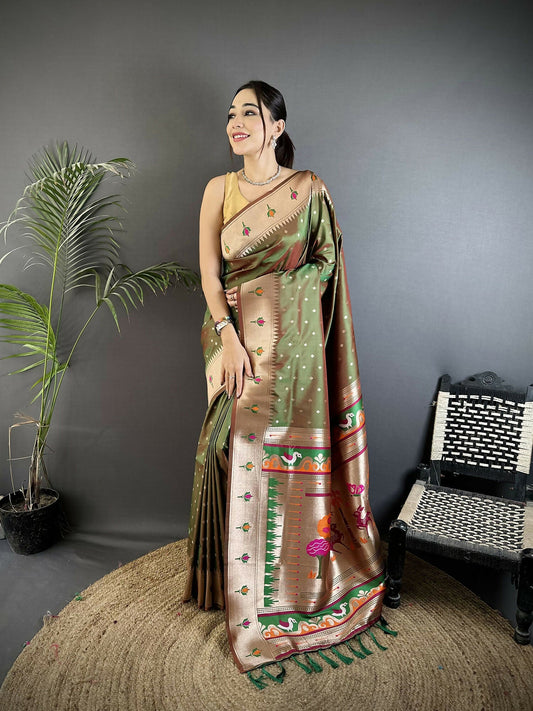 Joban Fashion Mehendi Green Peacock & Floral Motifs Soft Lichi Silk Kanchipuram Saree
