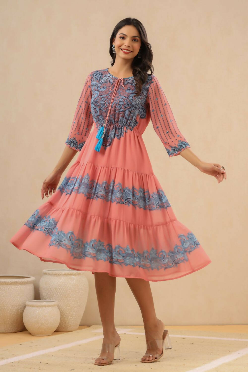 Juniper Womens Pink Georgette Printed Tiered Midi Dress