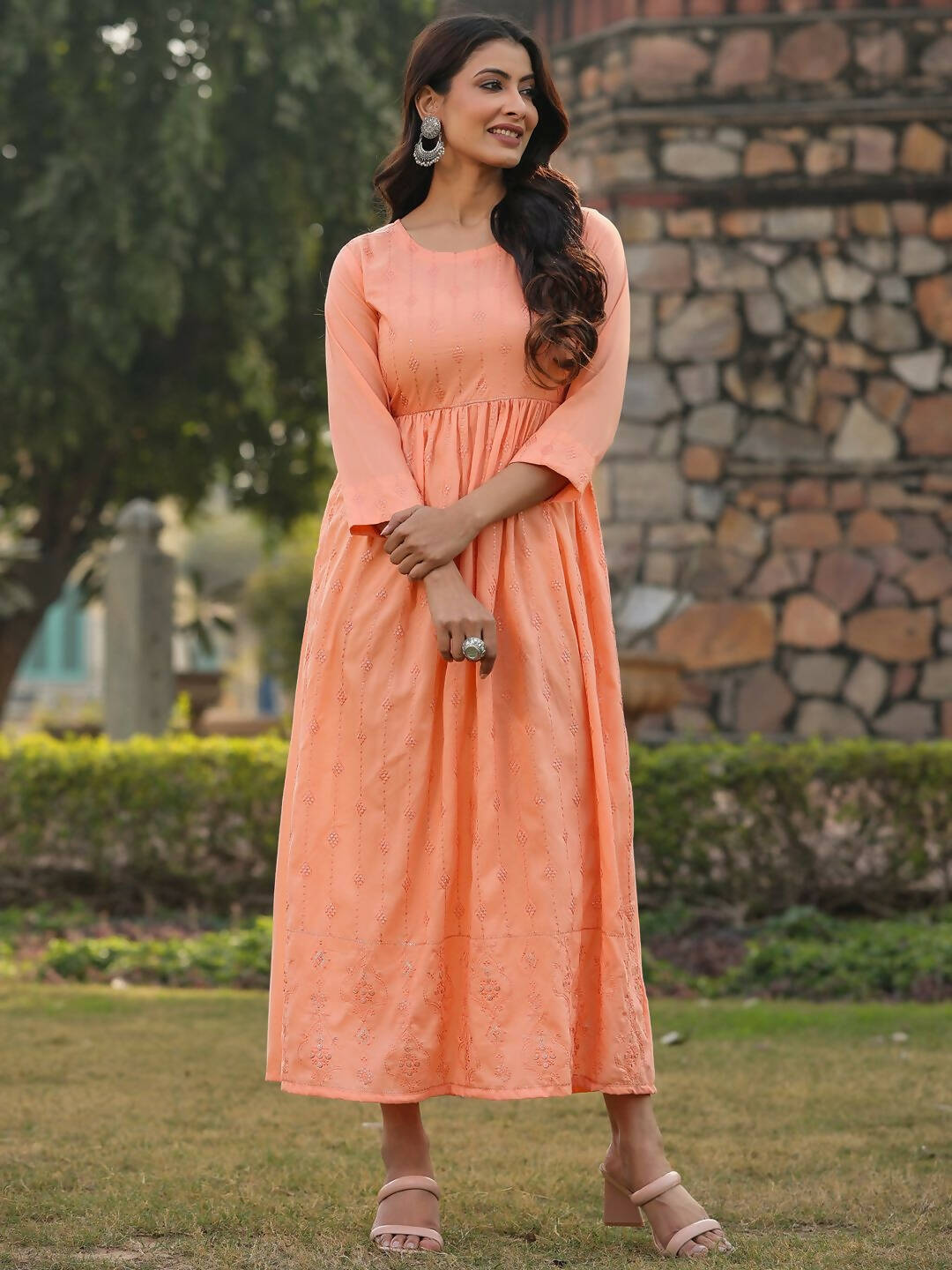 Juniper Women's Peach Festive Embroiderd Flared Dress