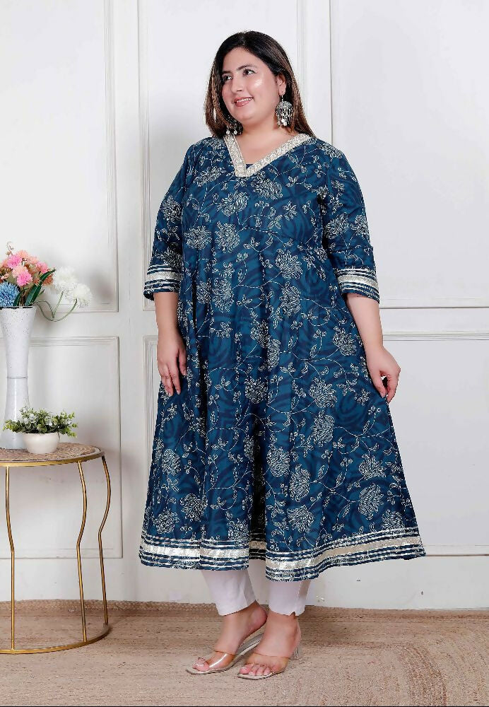 Miravan Plus Size Women'S Blue Cotton Embroidered Neck Anarkali Kurta