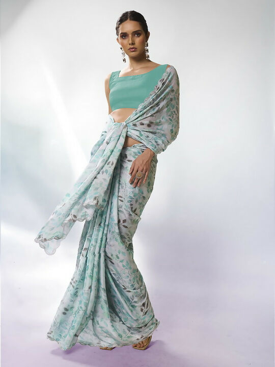 Sea Green Satin Georgette Designer Printed Saree - Shezlin
