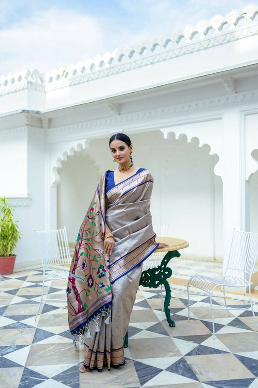 Aastha Fashion Grey Woven Kanjivaram Silk Saree with Blouse - Grab2buy