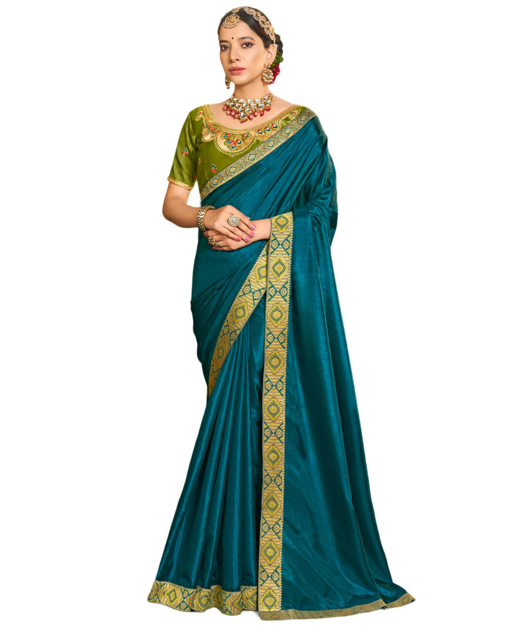 Teal Solid Vichitra Saree With Unstitched Blouse Piece - Selena