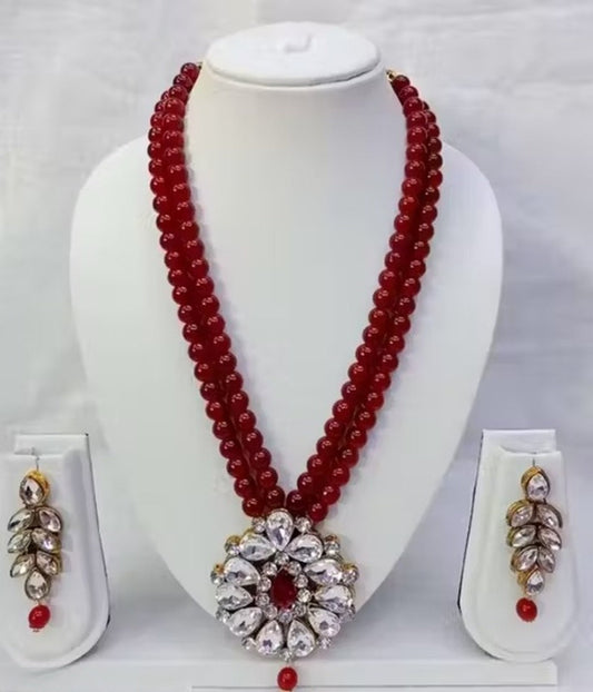 Jewel City Traditional Handcrafted Ethnic Maroon Beaded Necklace Set with Gold-Plated Finish & Studded Stones 