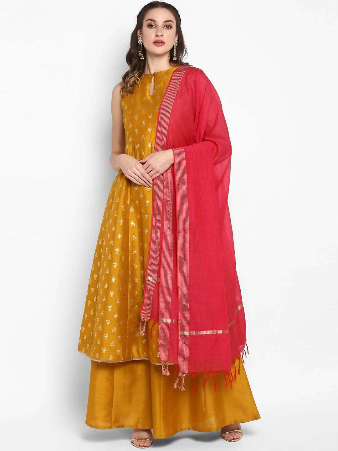 Janasya Women Mustard Yellow Printed Kurta with Palazzos & Dupatta