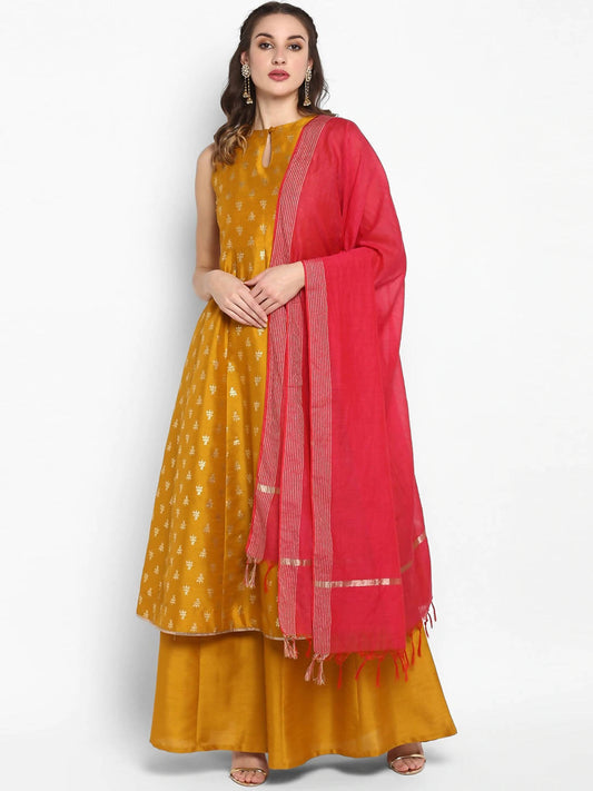 Janasya Women Mustard Yellow Printed Kurta with Palazzos & Dupatta