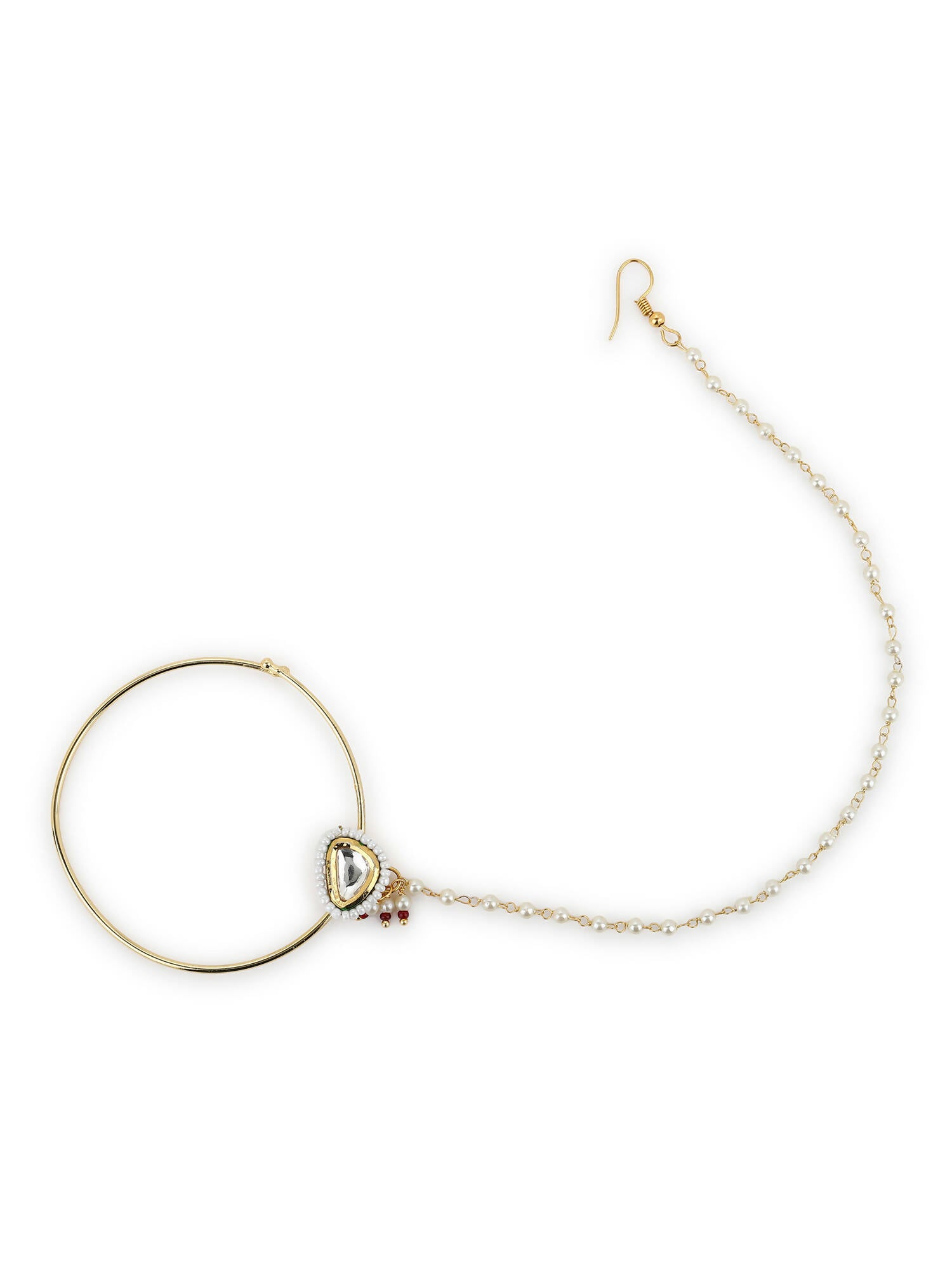 Gold Plated White Kundan Studded Nose Pin With Beaded Extension - Ruby Raang - Grab2buy