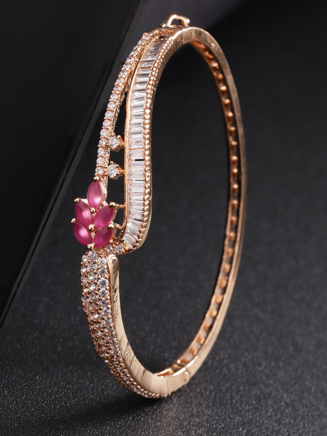 Priyaasi Women Rose Gold-Polished Ruby and American Diamond Studded Bracelet in Floral Pattern | Grab2Buy