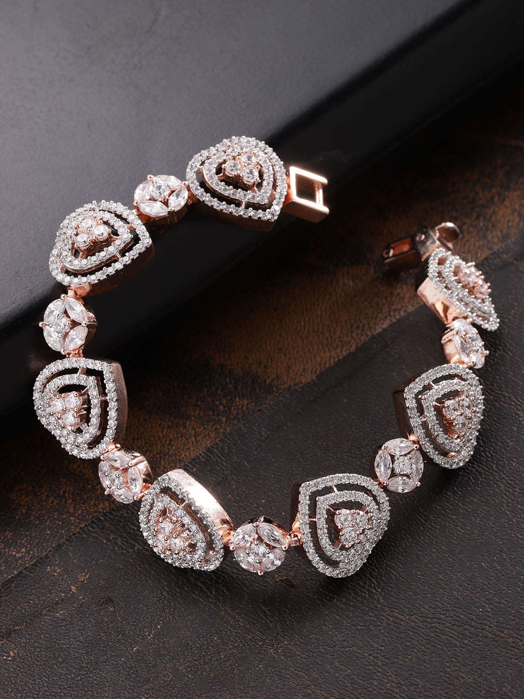 Priyaasi Women Rose Gold-Polished American Diamond Studded Link Bracelet in Heart Pattern | Grab2Buy
