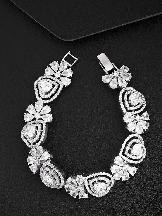 Priyaasi Women Silver-Plated American Diamond Studded Link Bracelet in Heart Pattern | Grab2Buy