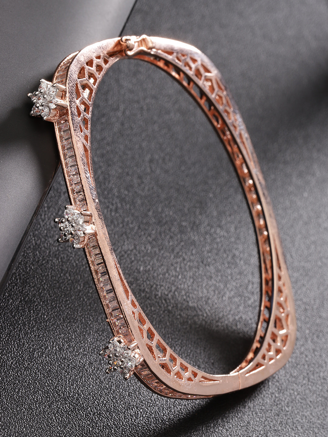 Priyaasi Women Rose Gold-Polished American Diamond Studded, Floral Patterned Bracelet in Square Shape | Grab2Buy