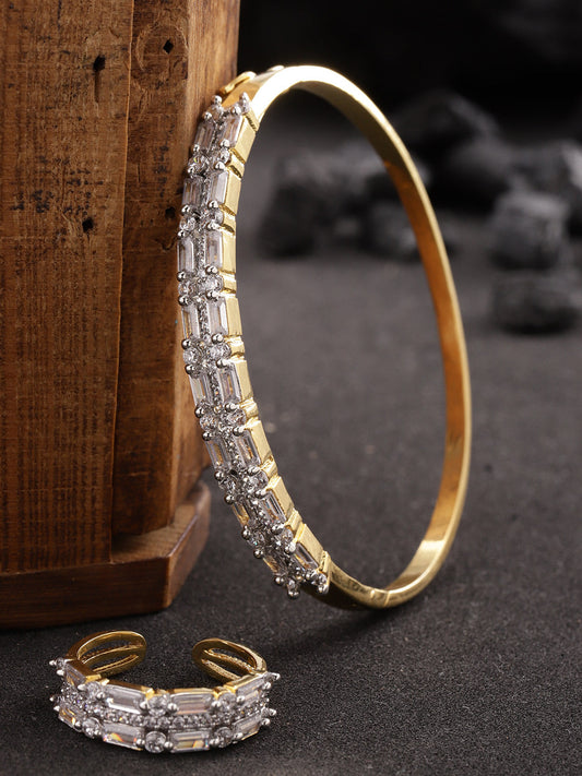 Priyaasi Women Gold-Polished American Diamond Studded Bracelet With Finger Ring | Grab2Buy