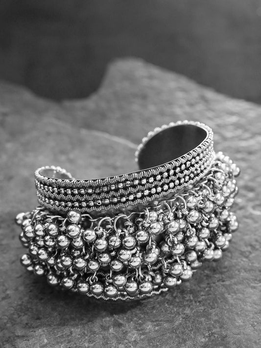 Priyaasi Women Oxidised Silver-Toned Ghungroo Handcrafted Cuff Bracelet - Grab2buy