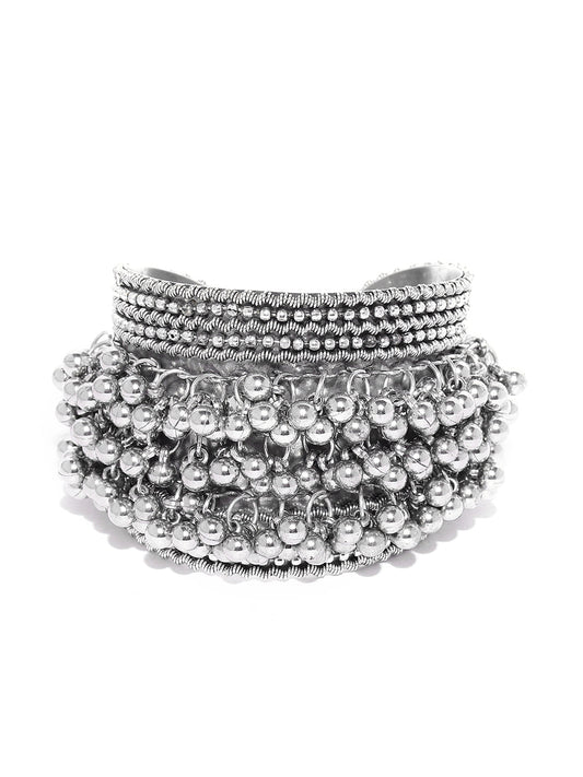 Priyaasi Women Oxidised Silver-Toned Ghungroo Handcrafted Cuff Bracelet - Grab2buy