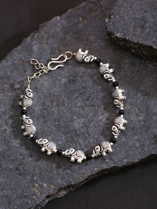 Priyaasi Women Antique Oxidised Silver-Toned Elephant Inspired Adjustable Chain Bracelet | Grab2Buy