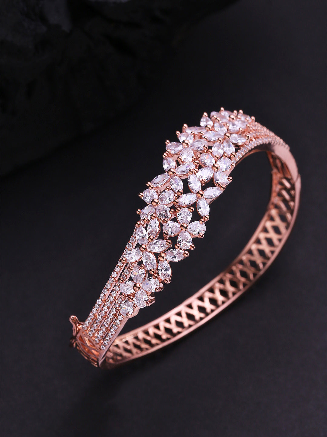 Priyaasi Women Rose Gold-Polished American Diamond Studded Bracelet in Floral Pattern | Grab2Buy
