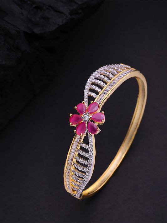 Priyaasi Women Gold-Polished American Diamond and Ruby Studded Floral Patterned Bracelet in Pink Color | Grab2Buy