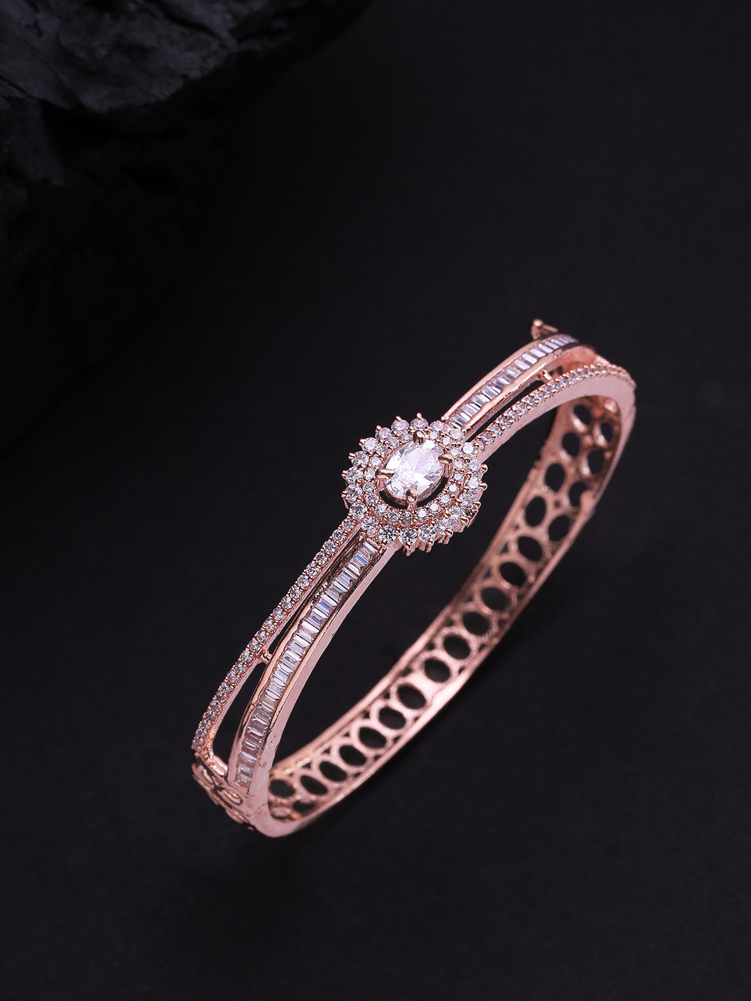 Priyaasi Women Gold-Polished American Diamond Studded Dual Toned Floral Cuff Bracelet 