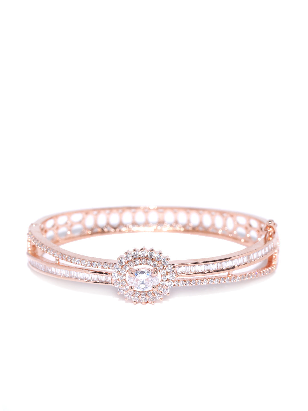 Priyaasi Women Gold-Polished American Diamond Studded Dual Toned Floral Cuff Bracelet 