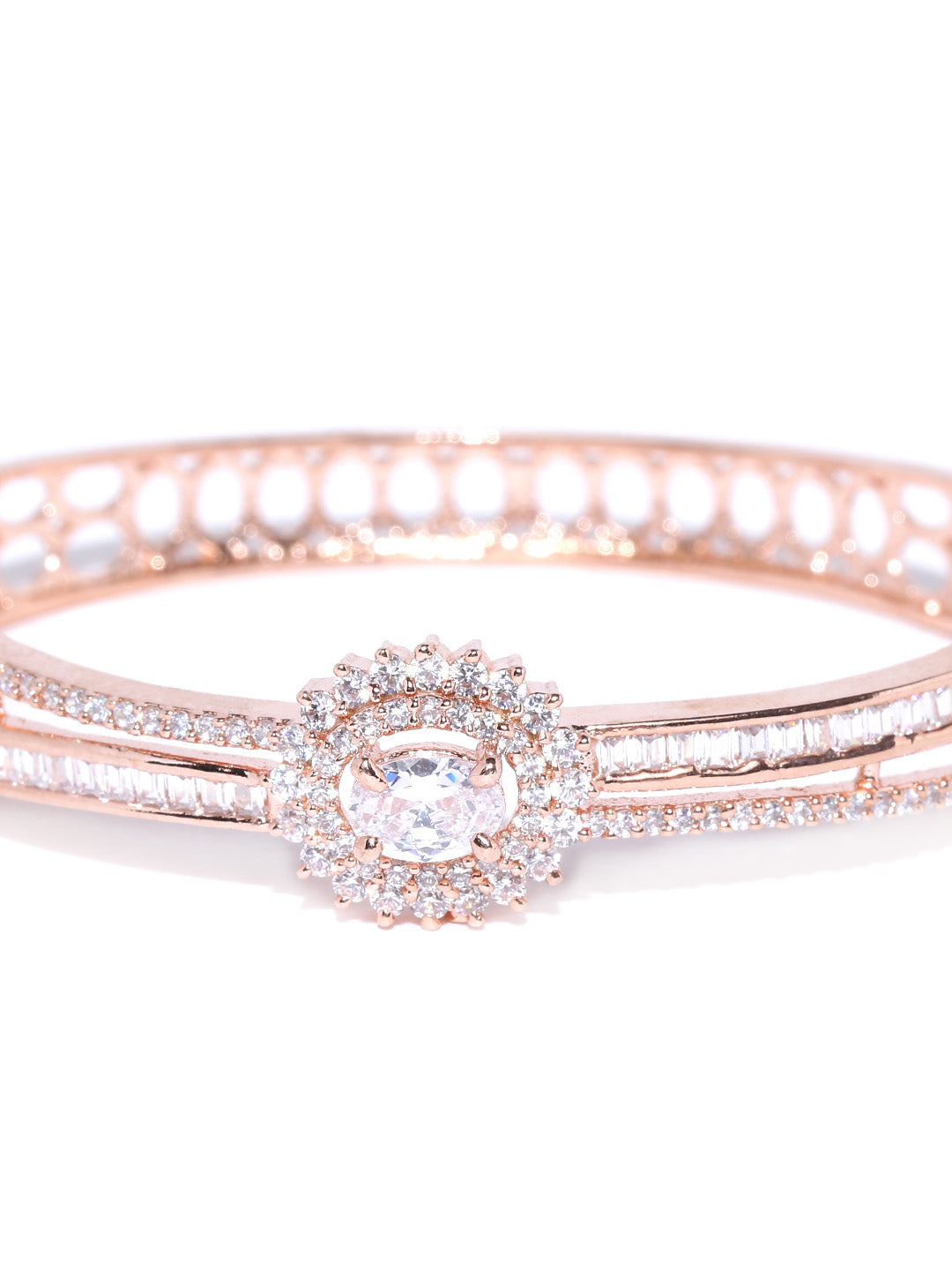 Priyaasi Women Gold-Polished American Diamond Studded Dual Toned Floral Cuff Bracelet 