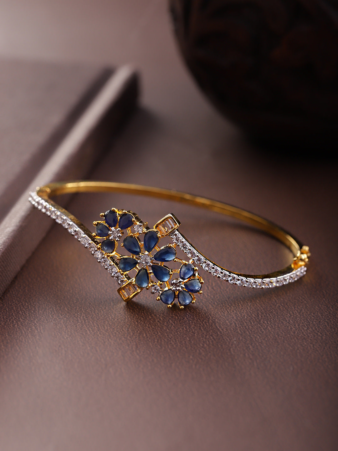 Priyaasi Women Gold-Polished American Diamond Studded, Floral Patterned Bracelet in Blue Color | Grab2Buy