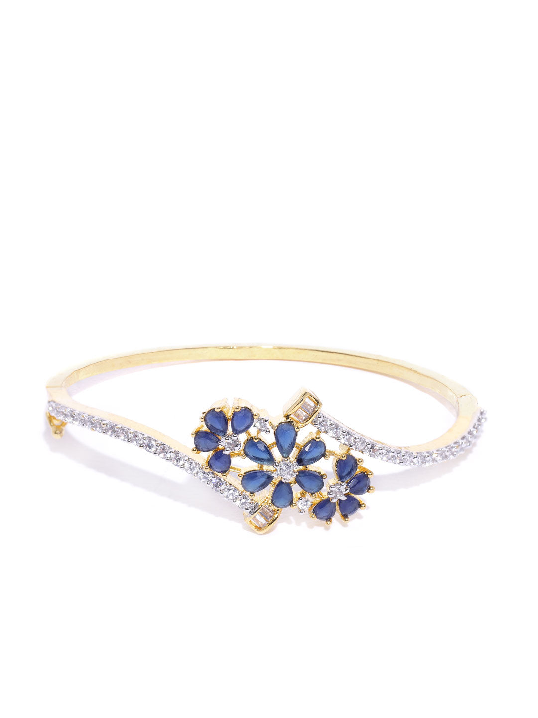 Priyaasi Women Gold-Polished American Diamond Studded, Floral Patterned Bracelet in Blue Color 