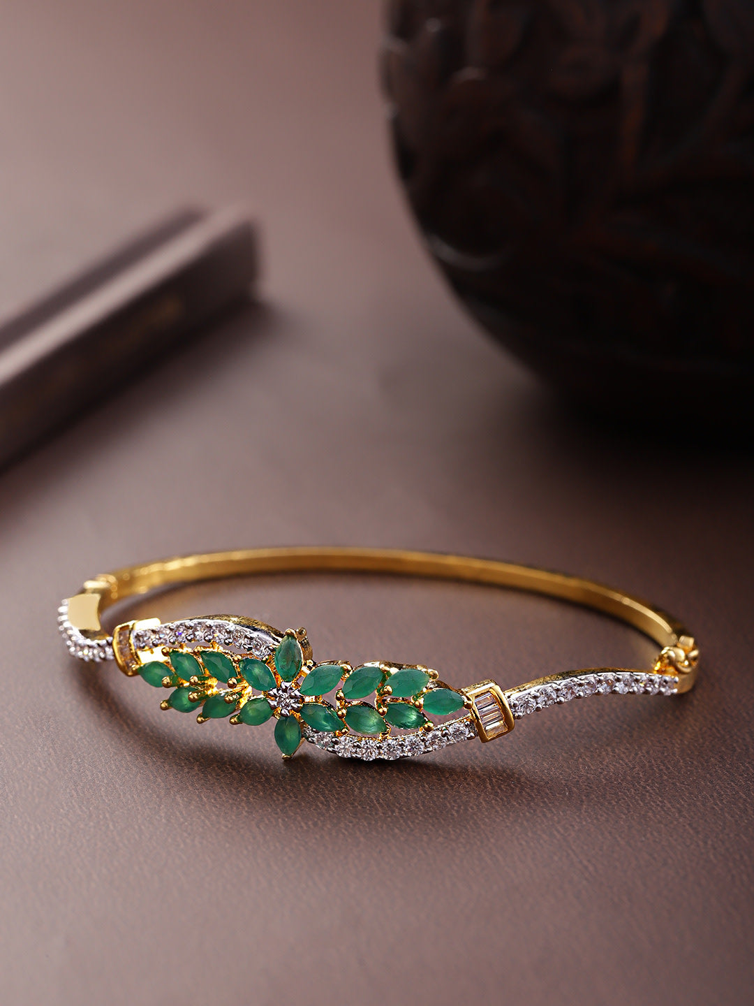 Priyaasi Women Gold-Polished American Diamond and Emerald Studded, Floral Patterned Bracelet in Green Color | Grab2Buy