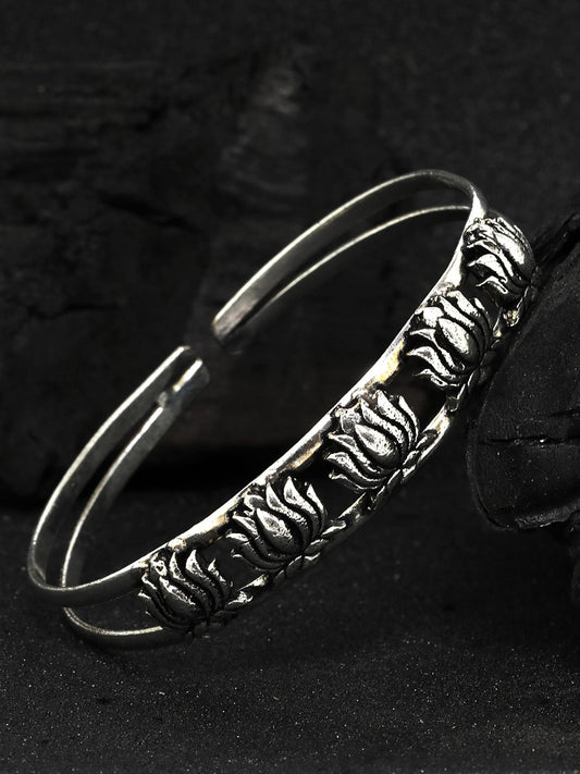 Priyaasi Women Oxidized Silver-Plated Cuff Bracelet with floral pattern | Grab2Buy