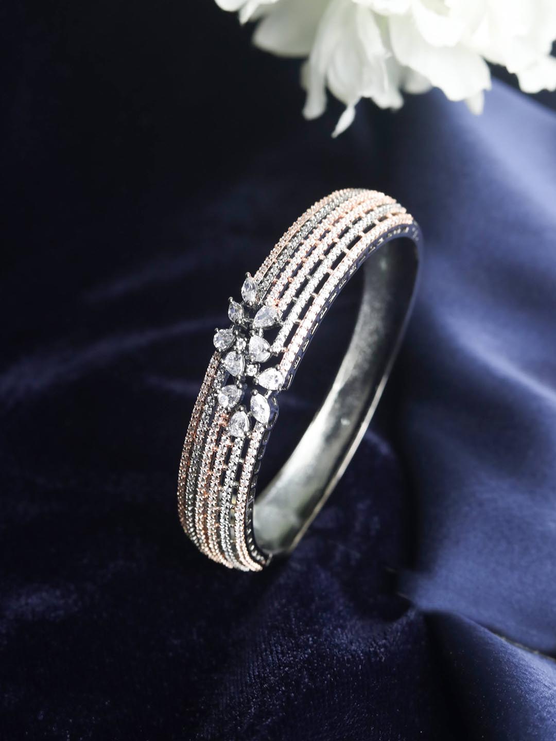 Priyaasi Women Rose Gold American Diamond Gun Metal Plated Bangle Style Bracelet | Grab2Buy