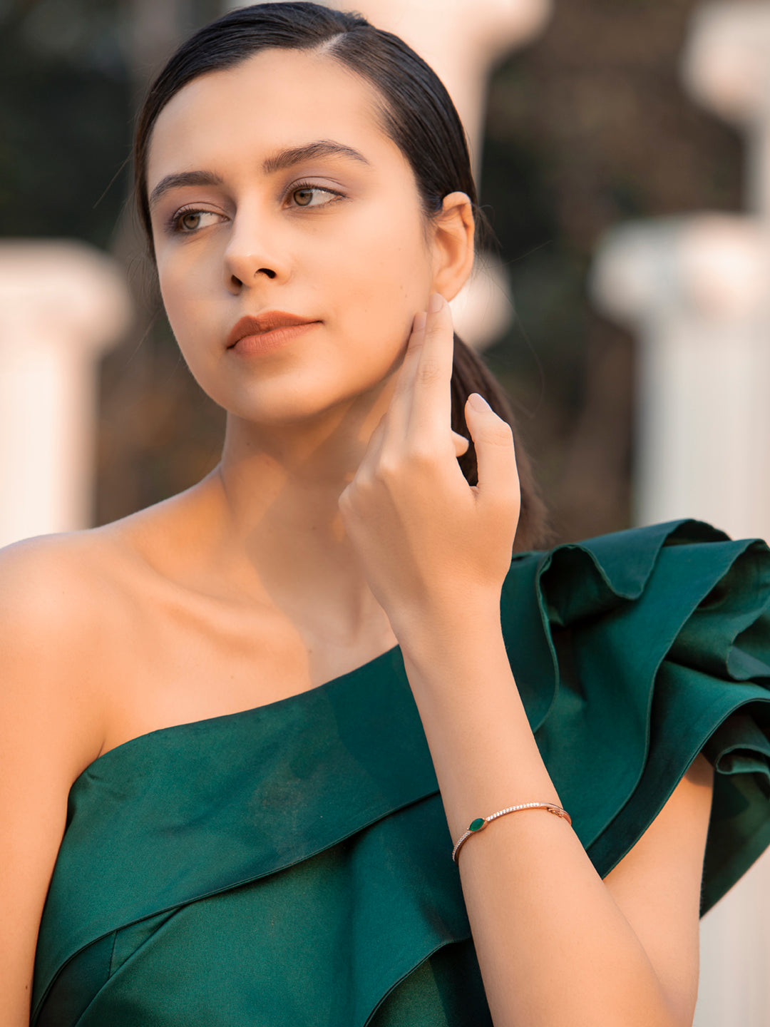 Priyaasi Women Green Stone Studded American Diamond Rose Gold Bracelet | Grab2Buy